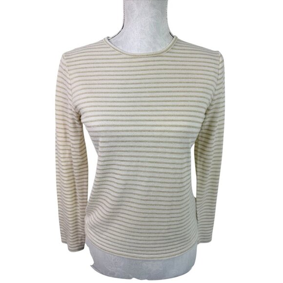 Lauren Ralph Lauren Petite M LS Tee T-Shirt Metallic Gold Creme Striped EUC - Picture 1 of 10